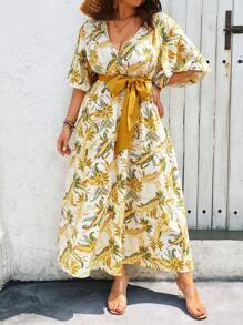 SHEIN Holidaya Plus Size Vacation Printed Long Flare Dress, Perfect For Summer Holiday - Multicolor - View 1