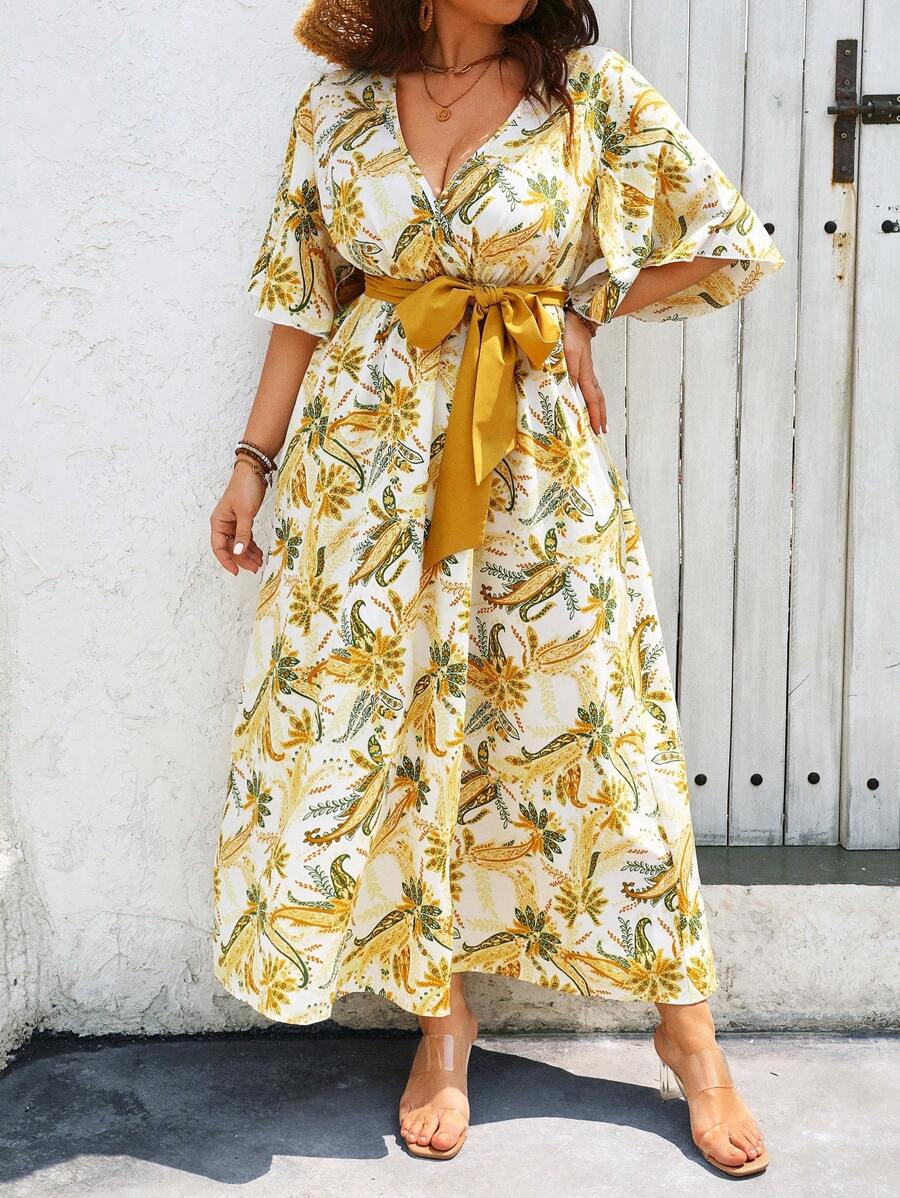 SHEIN Holidaya Plus Size Vacation Printed Long Flare Dress, Perfect For Summer Holiday - Multicolor - View 1