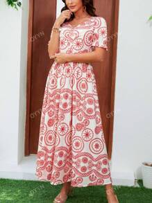 Vestido largo con cuello en V y estampado retro francés, reunido en la cintura, estilo de oscilación largo para mujeres europeas y americanas de nueva temporada primavera-verano