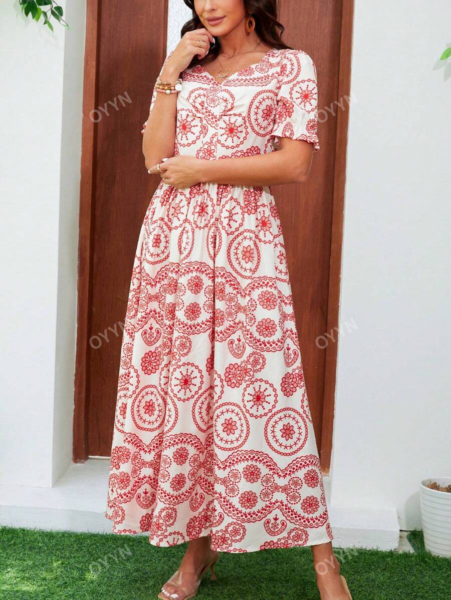 Vestido largo con cuello en V y estampado retro francés, reunido en la cintura, estilo de oscilación largo para mujeres europeas y americanas de nueva temporada primavera-verano