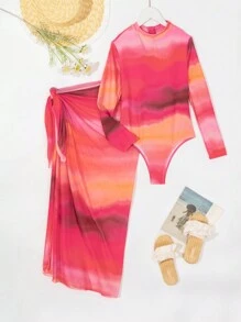 Swim Mulvari Summer Beach Tie-Dye Long Sleeve One-Piece Swimsuit & Cover Up Skirt For Vacation - Pink - View 7