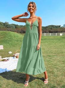 SHEIN VCAY Women Summer Beach Cut Out Front Ruffle Hem Cami Maxi Black Dress - Mint Green - View 3