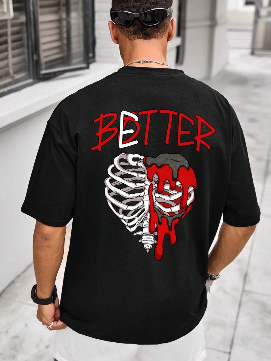 Manfinity EMRG 男性時尚夏季印花寬鬆休閒T恤 - 黑色 - 查看 1