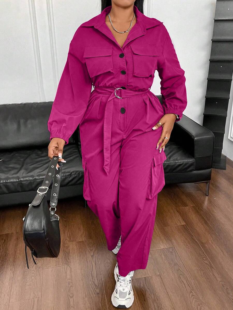 Flirla Plus Size Xuân Thu Bộ áo liền quần màu trơn thường ngày với phong cách quần áo bảo hộ lao động - Màu Hồng Tươi - Xem 1