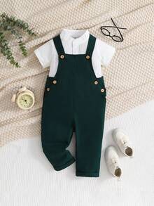 SHEIN Baby Boy Mock Neck Shirt Bodysuit & Pinafore Jumpsuit 2pcs/Set