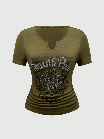 Fairycore Tengman Plus Size Women's Summer Lily Flower Letter Printed V-Neck Short Sleeve T-Shirt, School