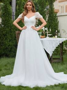 貼花挖肩網紗婚紗洋裝 - 米色 - 查看 8