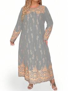 SHEIN Clasi 大尺碼女士印花休閒長裙 - 淺灰色 - 查看 3