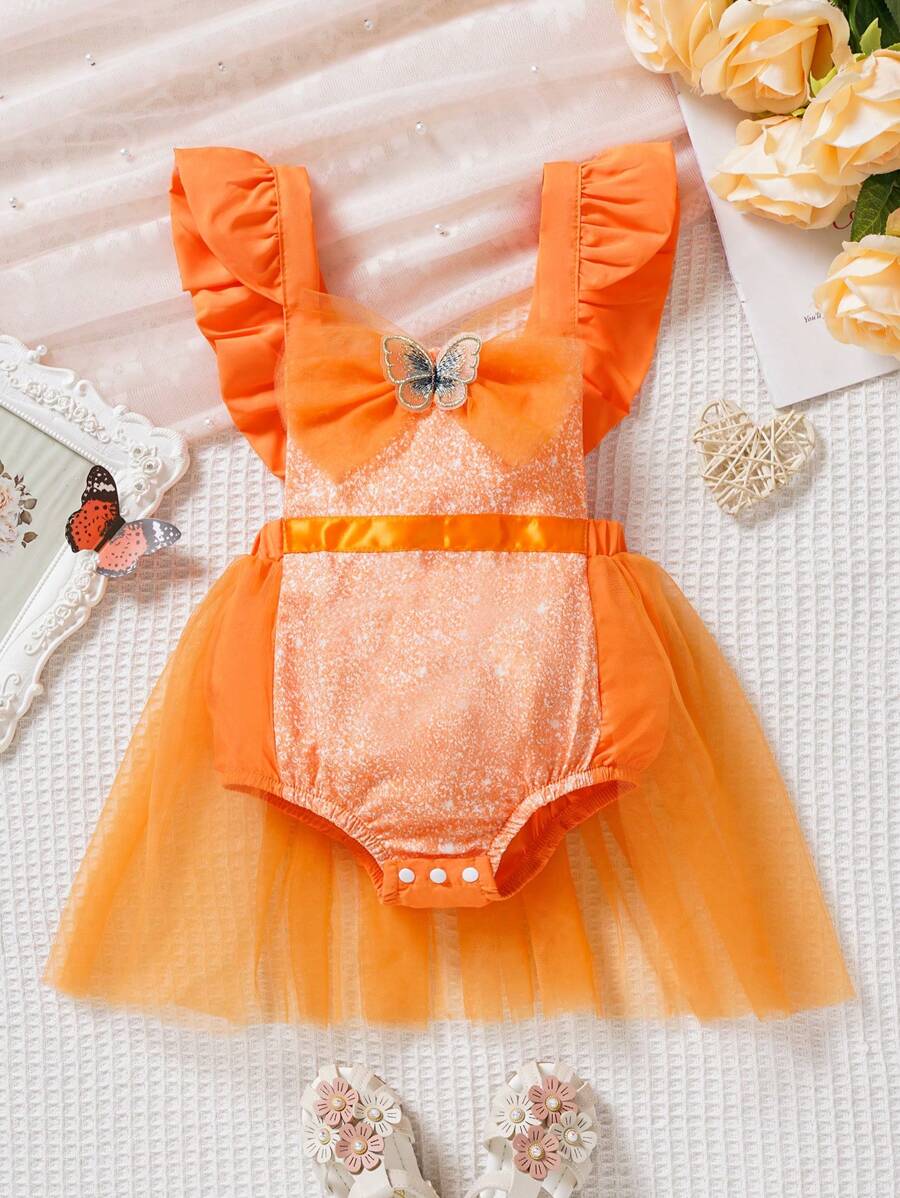SHEIN Baby Girl Butterfly Decor Mesh Splicing Ruffle Trim Bodysuit Outfit
