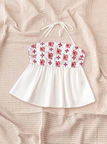 Soleia Blusa de tirantes holgada de verano para mujer con diseño de flores y cuello Halter con volantes y lazo en el cuello