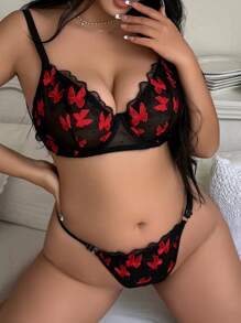 Plus Size Embroidered Mesh Underwear Set With Underwire, 2 Pieces