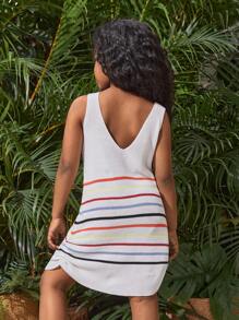 SHEIN Tween Girl Striped Pattern Pleated Sweater Dress For Vacation - Multicolor - View 2