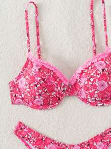 SHEIN Swim 女士分割式比基尼套裝，帶鋼托支撐，夏日沙灘隨機印花 - 彩色 - 查看 3