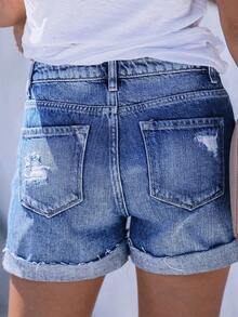 Shorts de mezclilla para mujer con diseño plisado - Azul lavado oscuro - Ver 2