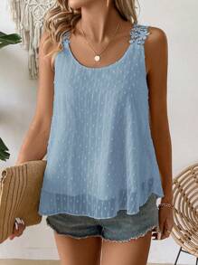 Breezaya Ladies" Solid Color Tank Top With Scoop Neck And Decorative Flowers - Baby Blue - View 6