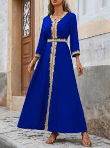 SHEIN Unity Spring And Summer Elegant Colorblock Lace Patchwork Long Dress, Modest Kaftan