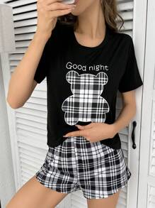 Snug Zone Conjunto De Pijama De Camiseta Y Pantalones Cortos Con Estampado Escocés De Oso - Blanco y Negro - Ver 6