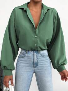 EURMUSE Women Spring Simple Button Front Loose Long Sleeve Shirt With Drop Shoulders - Mint Green - View 4