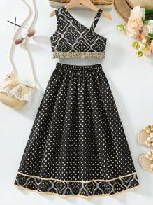 SHEIN Ensemble de robe rose bohème deux pièces pour jeune fille en été - Noir - Voir 1