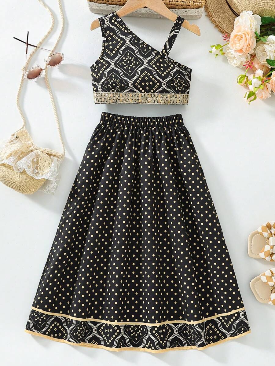 SHEIN Ensemble de robe rose bohème deux pièces pour jeune fille en été - Noir - Voir 1