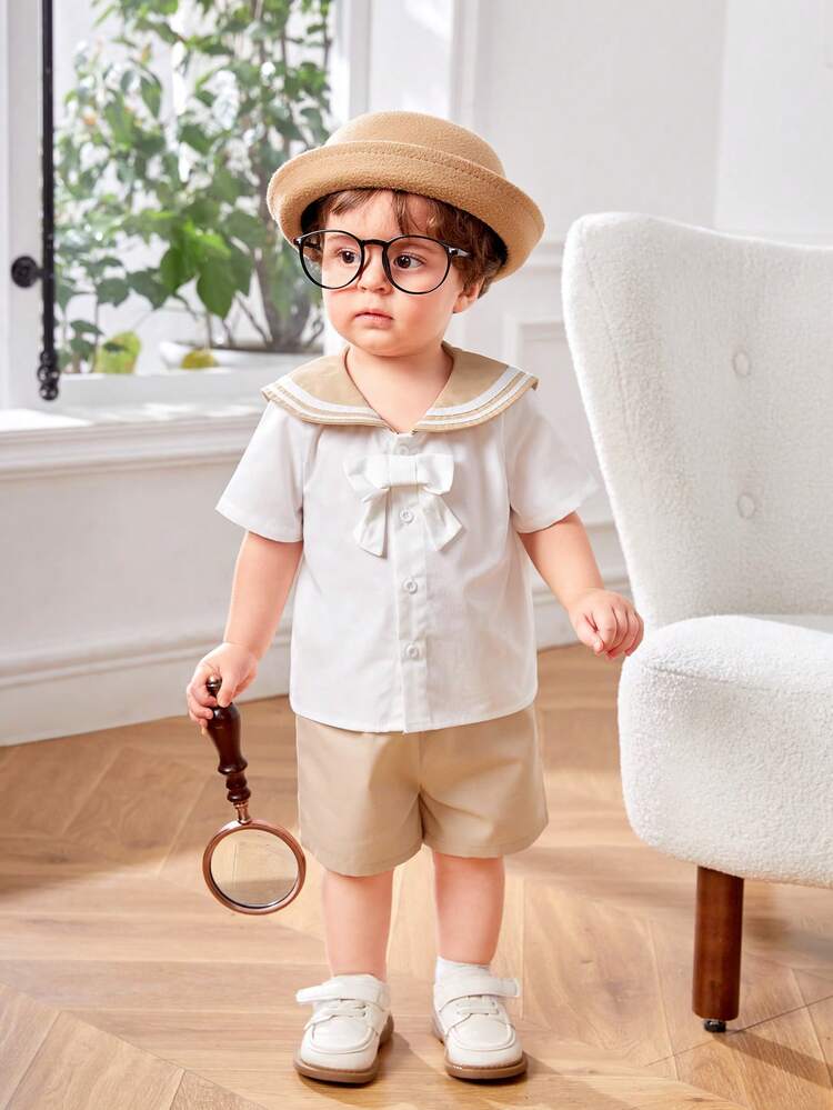Navy Collar Tied Front Shirt And Solid Shorts Set For Baby Boy/Girl