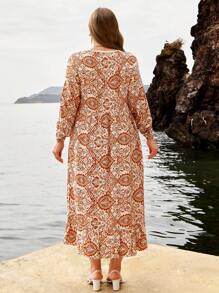 RueChic Plus Geo Print Notched Neckline Ruffle Hem Smock Dress - Multicolor - View 2