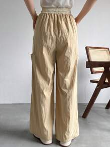 FRIFUL Women Casual Color Blocking Drawstring Waist Wide Leg Pants With Multiple Pockets