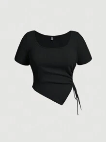 SHEIN MOD Plus Size Nữ Mùa Hè Màu Trơn Viền Bất Đối Xứng Áo thun thường có dây rút bên hông - màu đen - Xem 1