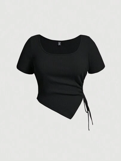 SHEIN MOD 大尺碼女士夏季單色不對稱下擺休閒T卹，帶有束口側邊