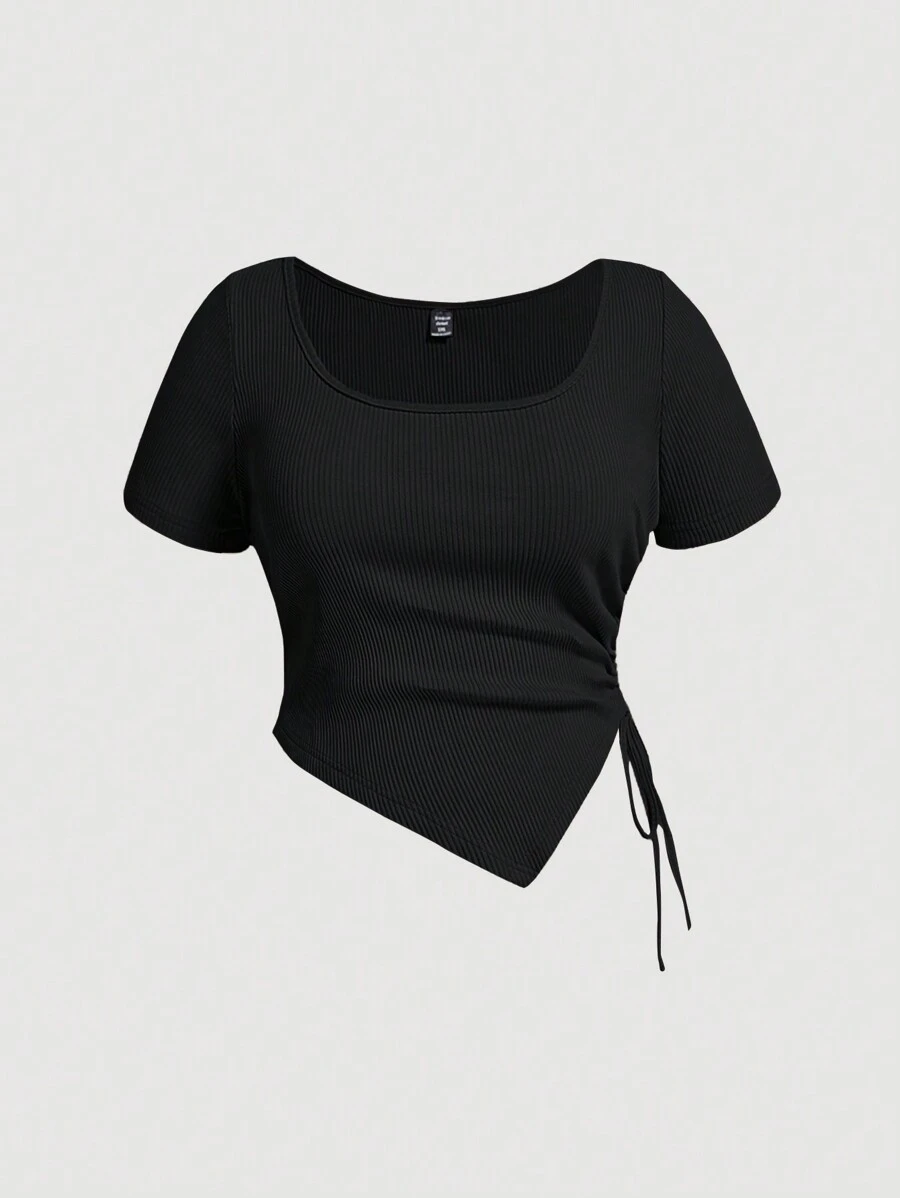 SHEIN MOD Plus Size Nữ Mùa Hè Màu Trơn Viền Bất Đối Xứng Áo thun thường có dây rút bên hông - màu đen - Xem 1