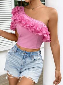 SHEIN Essnce Camisa de verano con cuello asimétrico, unicolor y borde con volantes - Rosa Fucsia - Ver 6