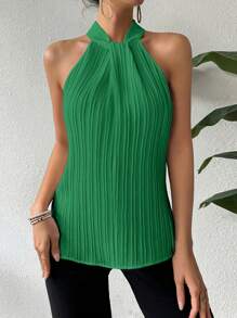 Chiquease Women Summer Elegant Solid Color Textured Halter Neck Blouse - Green - View 3