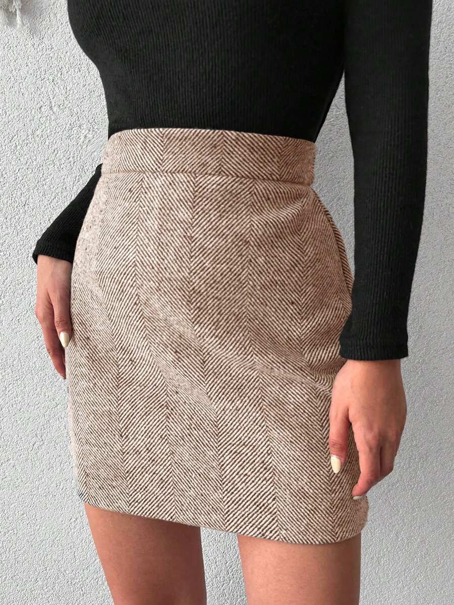 SHEIN Cottnline Herringbone Pattern Women's Skirt - Apricot - View 1