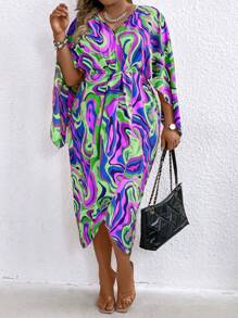 SHEIN Clasi Plus Size Casual Cà Vạt In Áo Cape Tay Tập Hợp Đầm Quấn Eo Cho Mùa Xuân/Hè - Màu tím - Xem 3