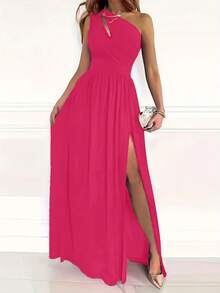 Women's Solid Color One Shoulder Extra Long Floor-Length Slit Dress - Hot Pink - View 4