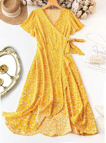 Celure Đầm Maxi Phong Cách Kỳ Nghỉ In Hoa Cổ Chữ V Cỡ Lớn Có Viền Xếp Ly Thắt Lưng Cho Nữ - Màu vàng - Xem 1
