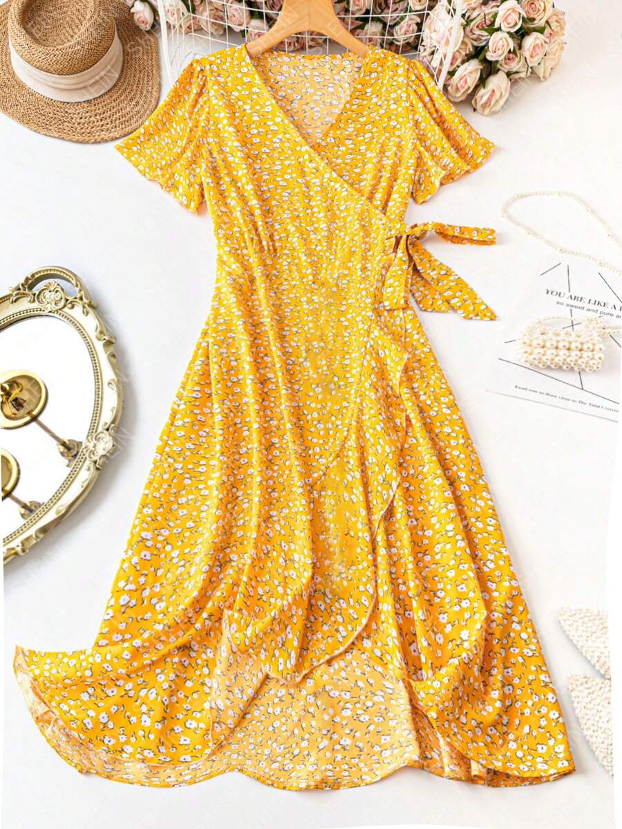 Celure Đầm Maxi Phong Cách Kỳ Nghỉ In Hoa Cổ Chữ V Cỡ Lớn Có Viền Xếp Ly Thắt Lưng Cho Nữ - Màu vàng - Xem 1