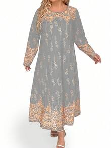 SHEIN Clasi 大尺碼女士印花休閒長裙 - 淺灰色 - 查看 5