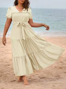 Breezaya Plus Size V-Neck Belted Vacation Style Solid Color Minimalist Dress For Spring And Summer