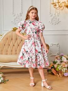 SHEIN Vestido floral holgado y casual con cuello de volantes y mangas abullonadas para niña preadolescente - Rosa - Ver 7