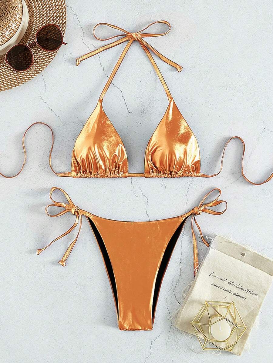 SHEIN Swim Kobiety Halter trójkątny zestaw bikini góra i dół, letni kostium kąpielowy plażowy - Żółty - Zobacz 1