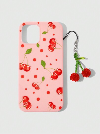 Kawaii 1 pc Étui pour téléphone rose cerise avec pendentif cerise compatible avec Apple iPhone 11 12 13 14 15 Pro Max