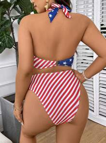 SHEIN Swim Curve 夏季海滩大码女式美式印花简约比基尼套装 - 彩色 - 查看 2