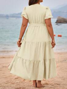 Breezaya Plus Size V-Neck Belted Vacation Style Solid Color Minimalist Dress For Spring And Summer