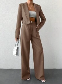 EURMUSE Women Short Suit Collar Work Jacket And Trousers Suit Set - Mocha Brown - View 3