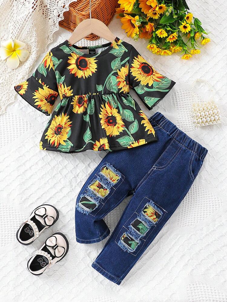 Baby Girl Trumpet Sleeve Sunflower Printed Spring And Summer Peplum Top And Jeans Set