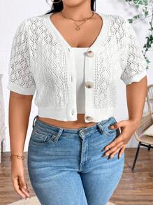 Calvaya Chaqueta casual de talla grande para mujer con manga corta de unicolor de verano con cuello en V y diseño calado en la parte delantera