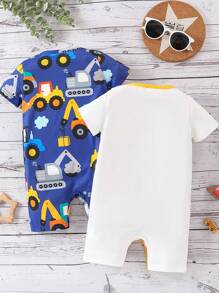 SHEIN 2 件套幼儿男童可爱建筑机械印花短袖连体衣，春夏
