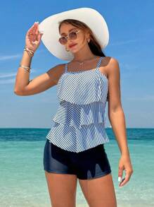 Swim Lushoire Summer Beach Women's Striped Holiday Strap Multi-Layer Ruffle Hem Tankini Swimwear Set (Random Print) - Multicolor - View 1