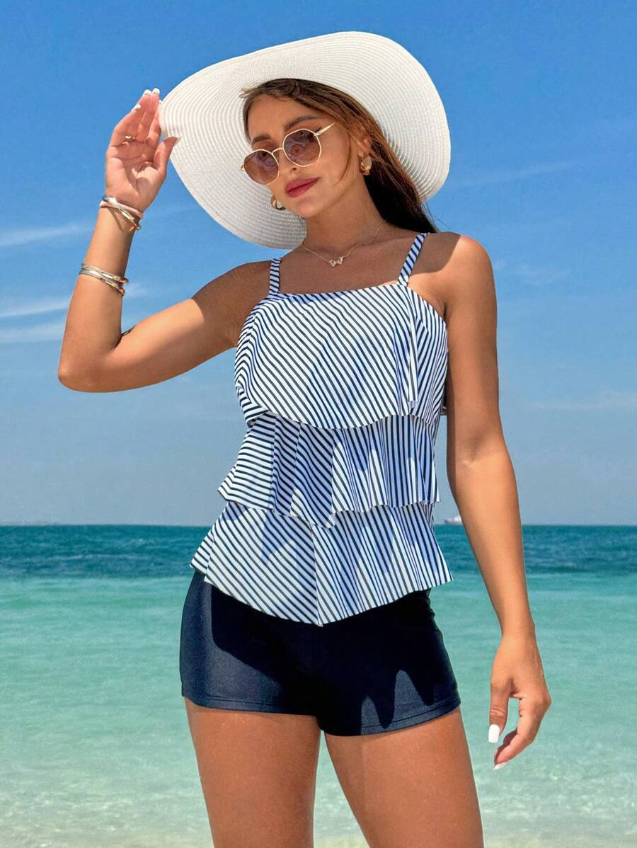Swim Lushoire Summer Beach Women's Striped Holiday Strap Multi-Layer Ruffle Hem Tankini Swimwear Set (Random Print) - Multicolor - View 1